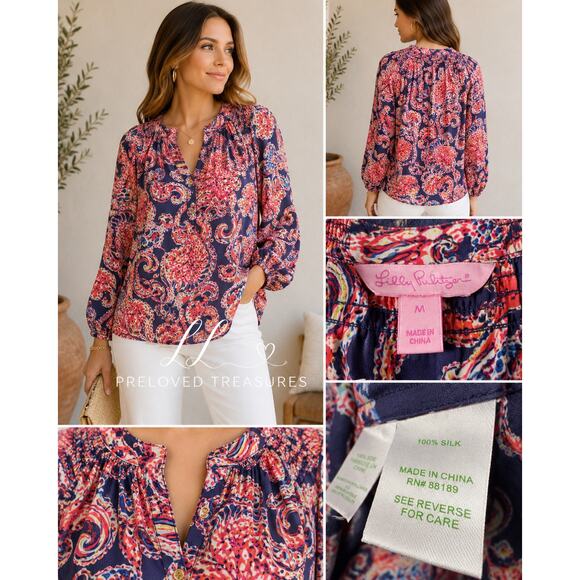 Lilly Pulitzer Tops - Lilly Pulitzer 100% Silk Paisley Peasant Blouse Women’s Medium Boho Pink Blue